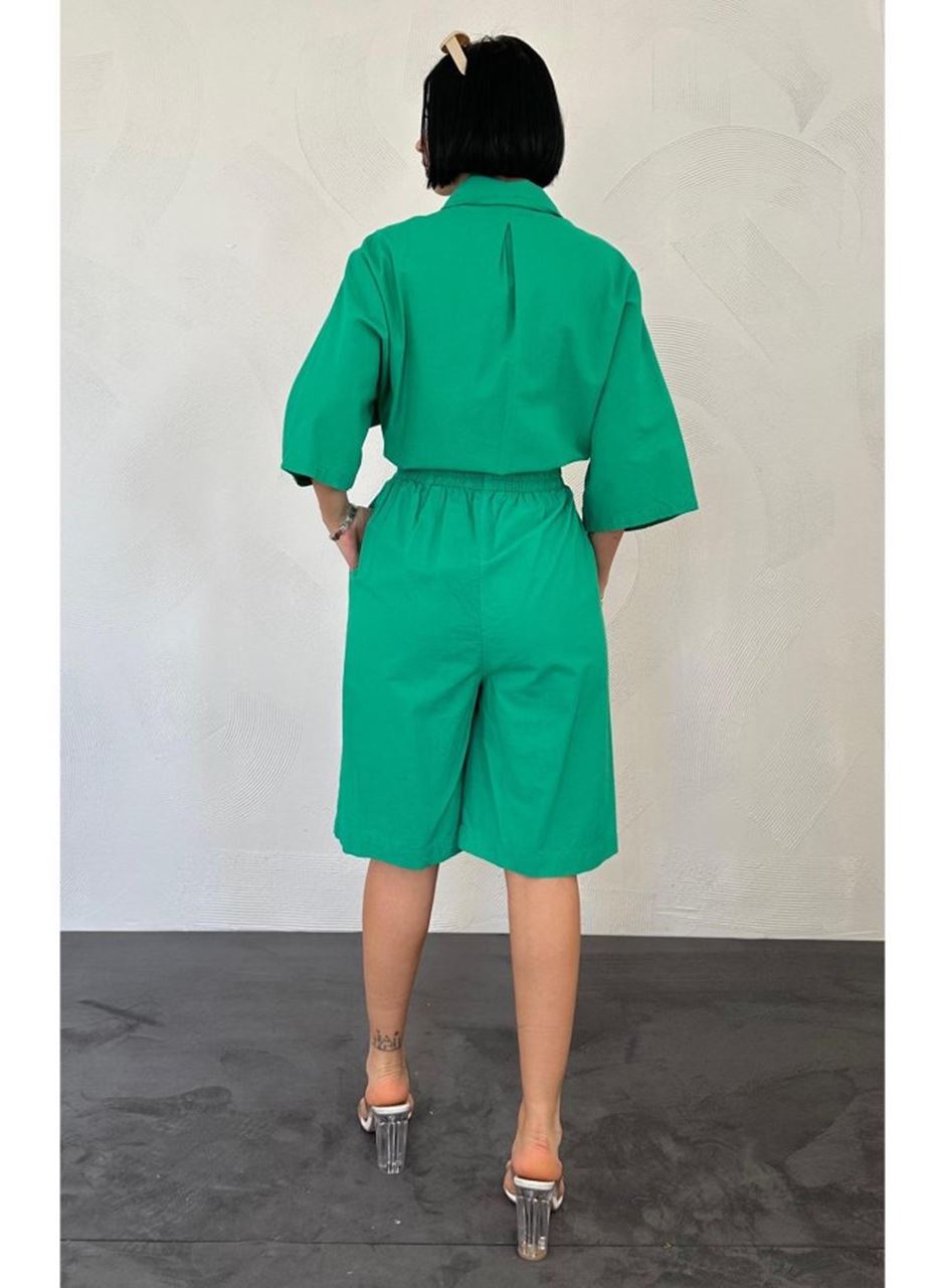 Yeşil Kısa Kollu Keten Gömlek Ve Şort Takım
