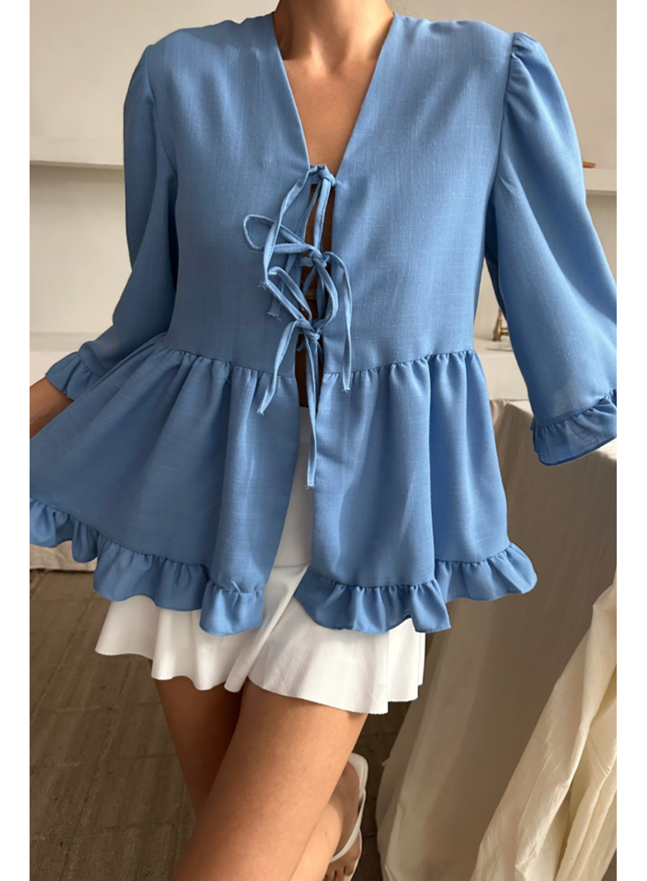 KETEN BLUZ ÖNDEN BAĞLAMALI FIRFIR DETAYLI - Mavi