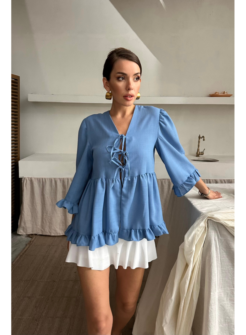 KETEN BLUZ ÖNDEN BAĞLAMALI FIRFIR DETAYLI - Mavi