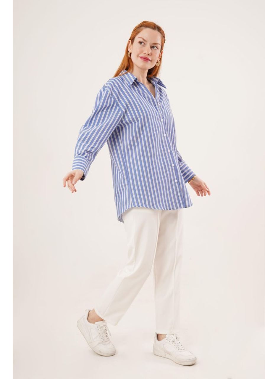 Çift Çizgi Geçişli Düğmeli Mavi Gömlek