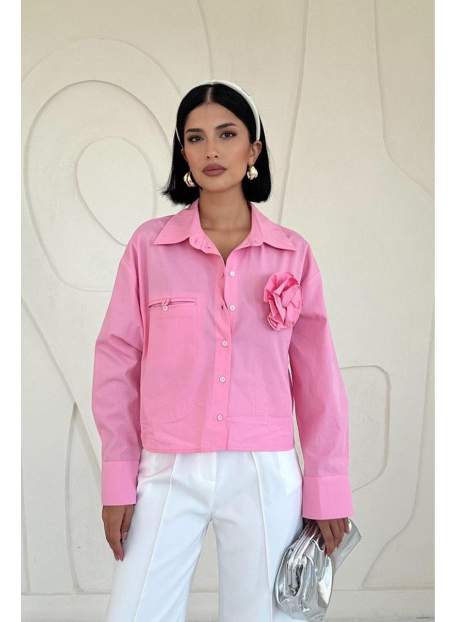 Pembe Fleto Cepli Poplin Gömlek