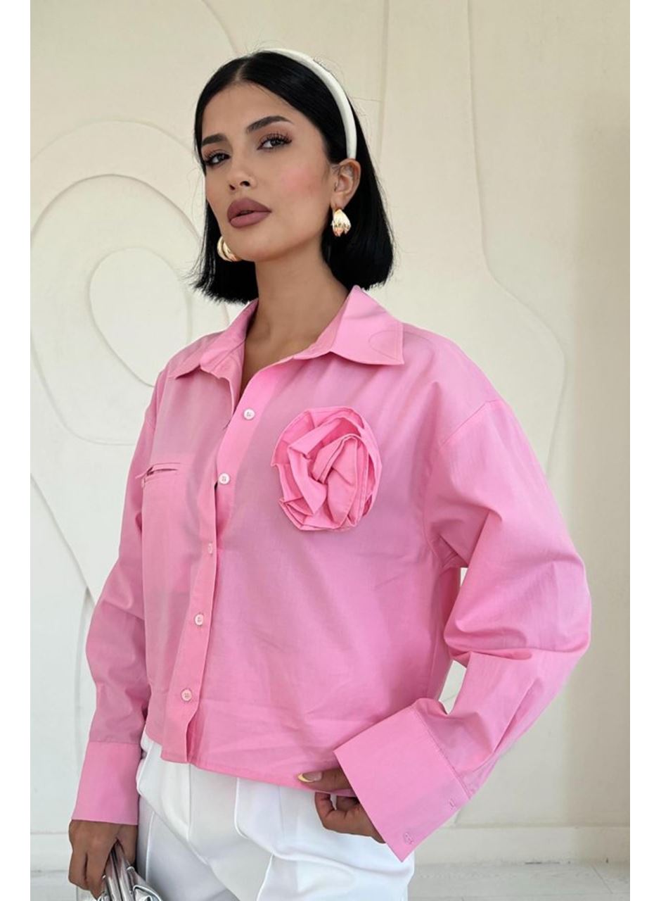 Pembe Fleto Cepli Poplin Gömlek