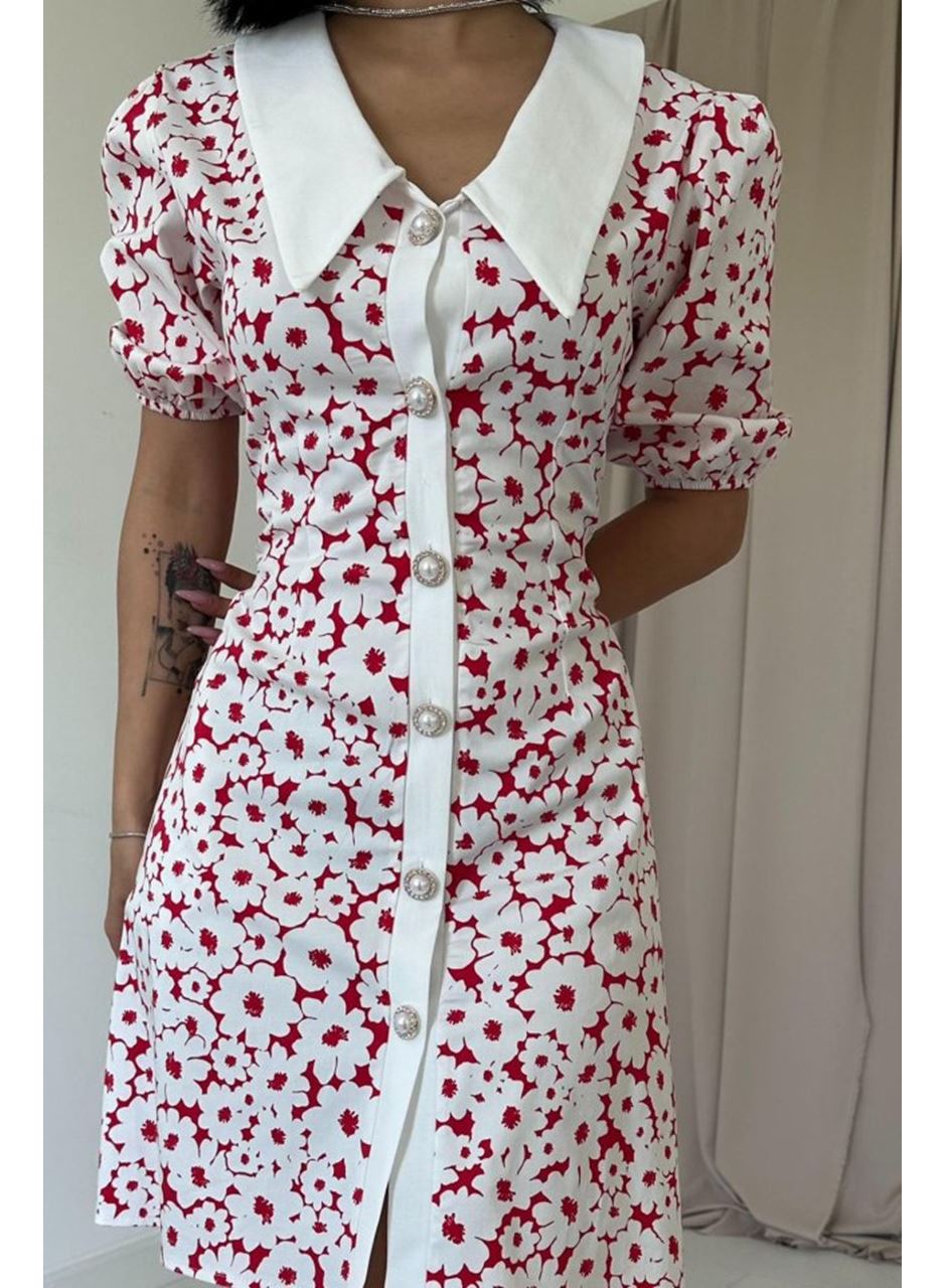 Fuşya Önlük Yakalı Poplin Elbise