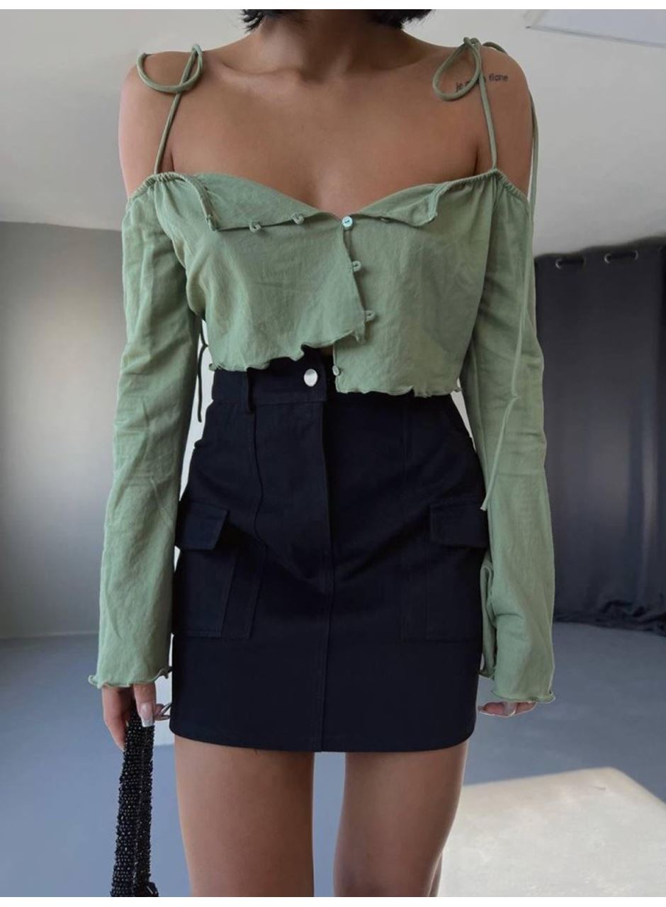 GABARDİN KISA ETEK CEP DETAYLI - Siyah