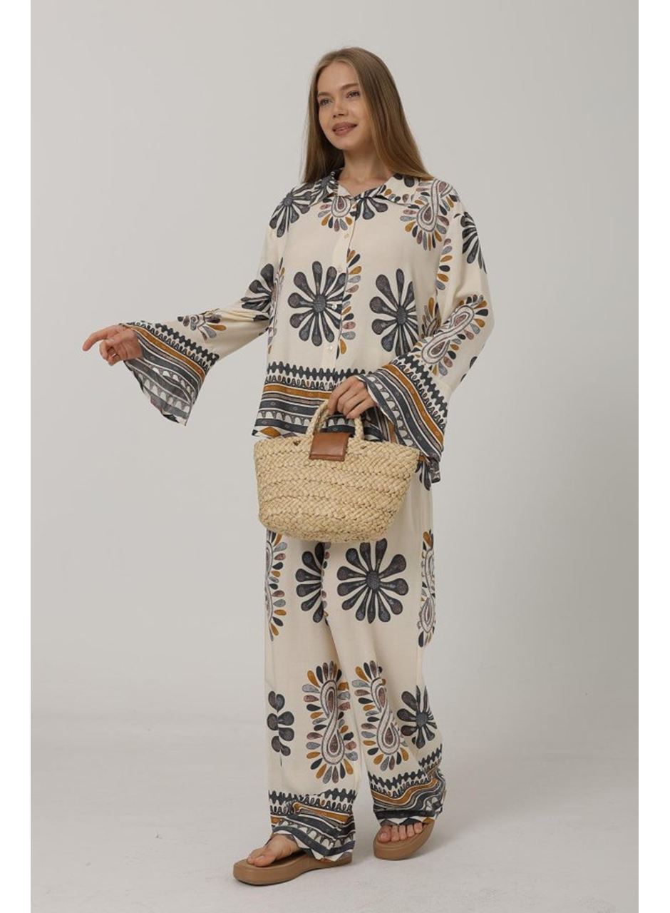 Desenli Kolları Volanlı Pantolon Takım - Antrasit