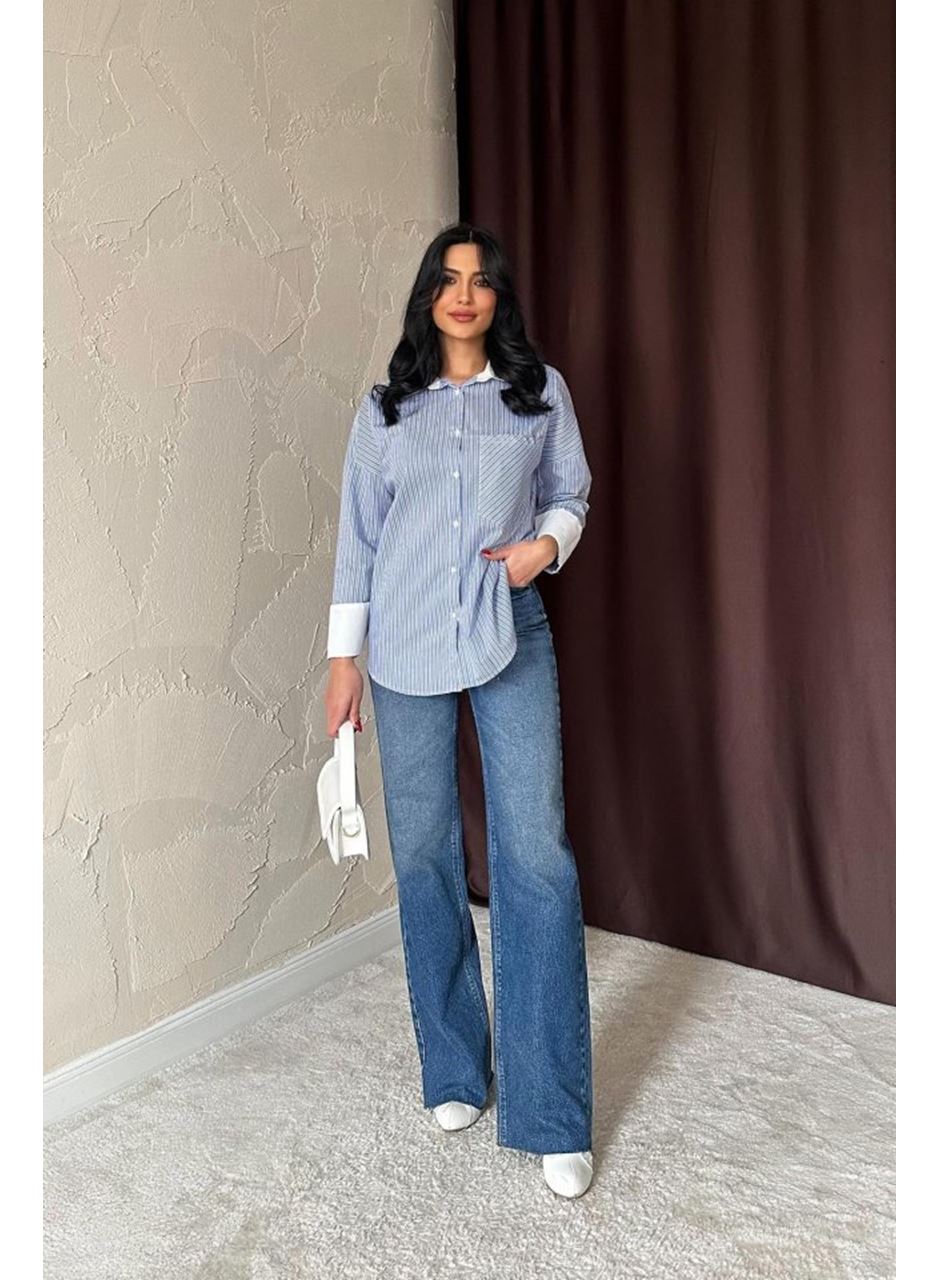 Mavi Çizgili Poplin Uzun Kol Gömlek