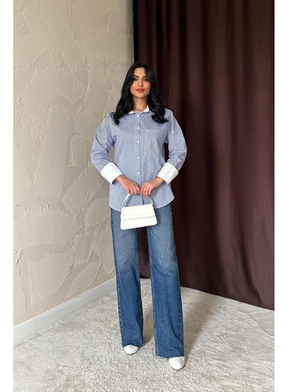 Mavi Çizgili Poplin Uzun Kol Gömlek