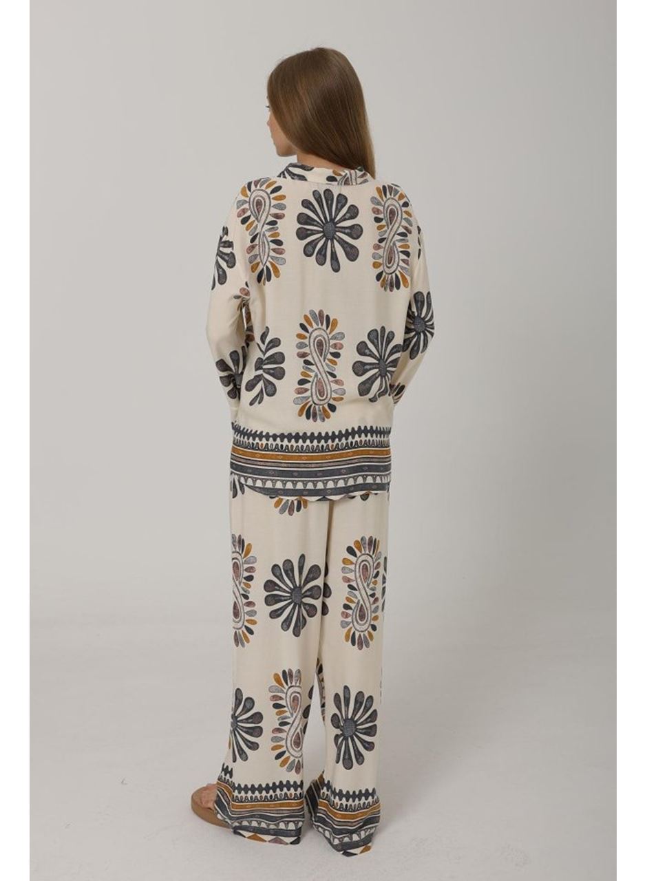 Desenli Kolları Volanlı Pantolon Takım - Antrasit