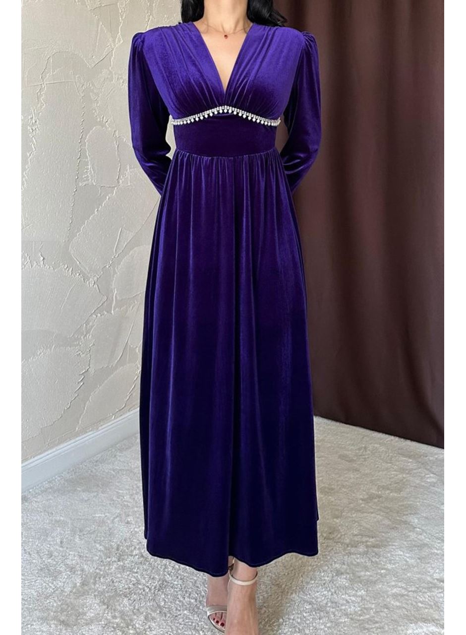 Mor Göğüs Altı Taşlı Elbise
