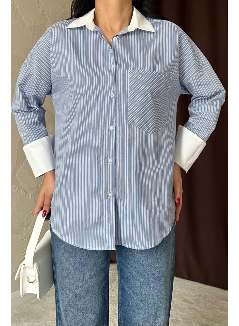 Mavi Çizgili Poplin Uzun Kol Gömlek