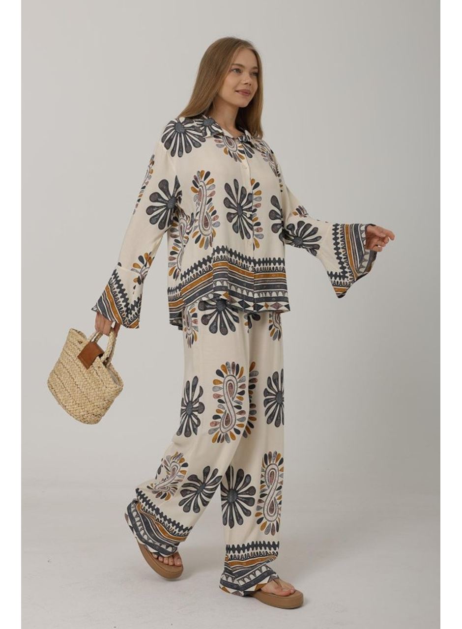 Desenli Kolları Volanlı Pantolon Takım - Antrasit