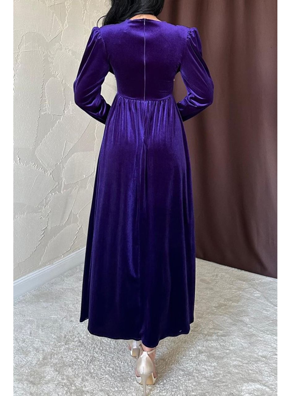 Mor Göğüs Altı Taşlı Elbise