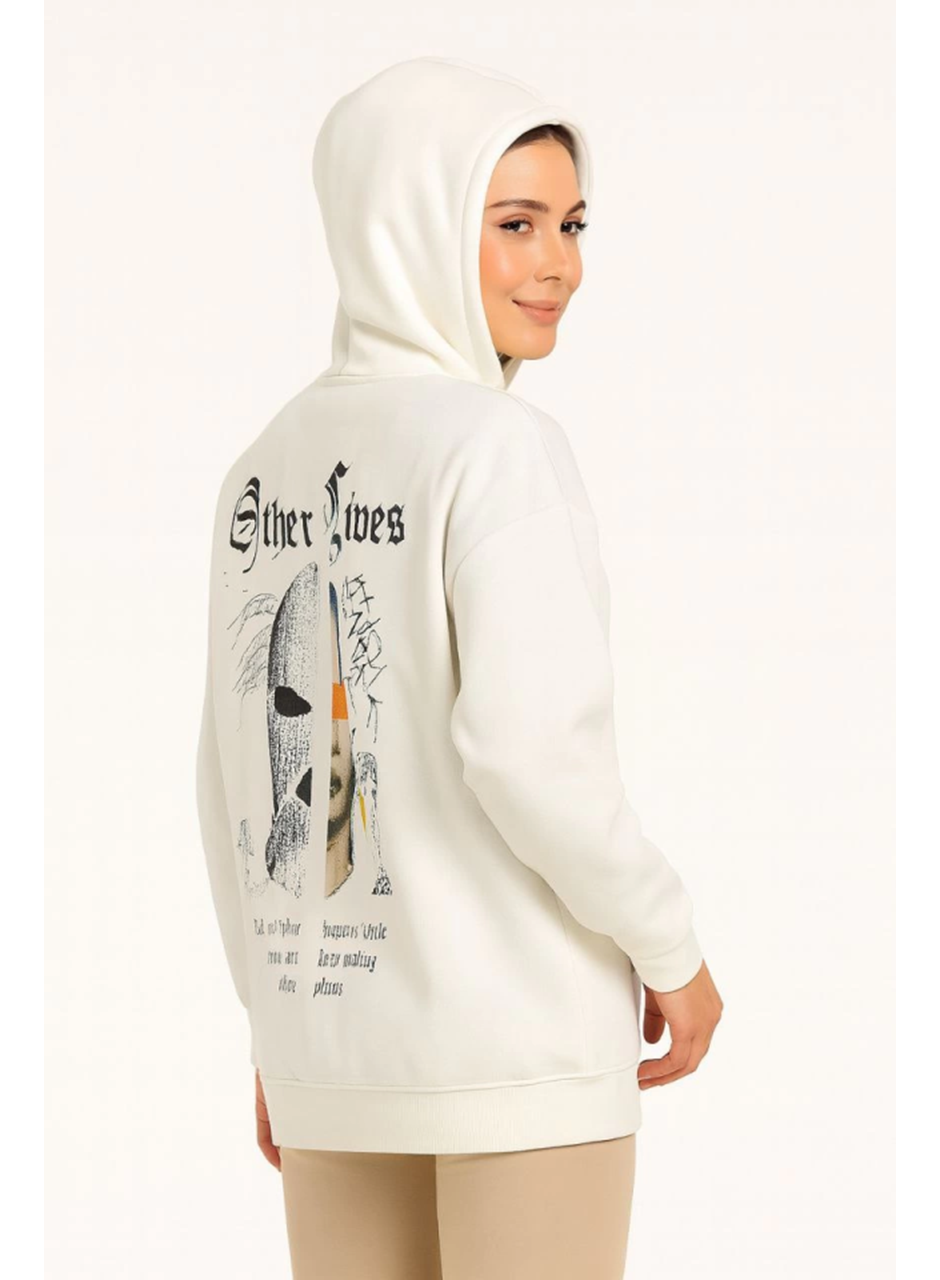 Kapşonlu Sweatshirt – Oversize Üç İplik Şardonlu Hoodie, “Other Lives” Ön - Arka Baskılı, Kanguru Cepli, Kışlık Rahat Günlük Stil - Beyaz
