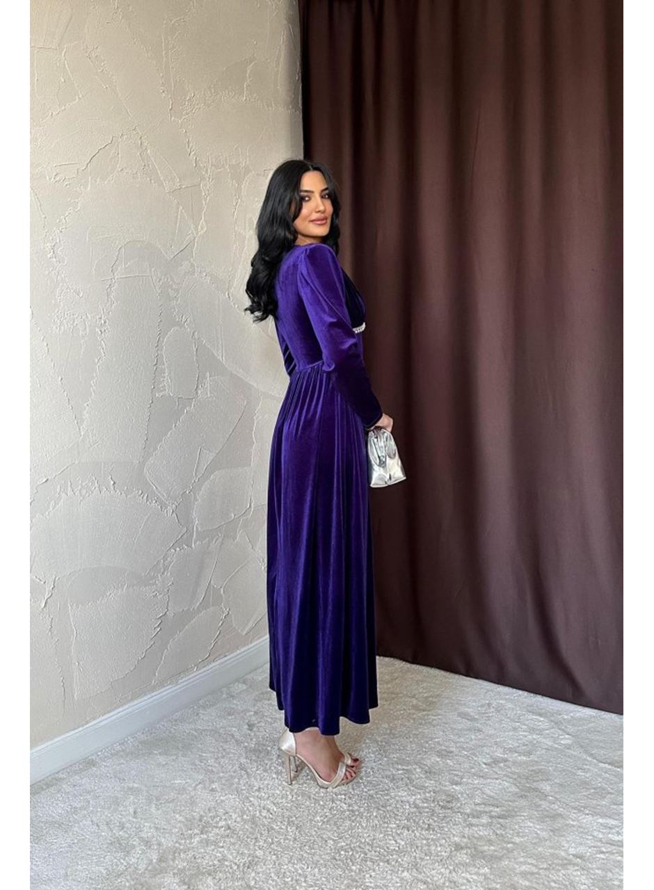 Mor Göğüs Altı Taşlı Elbise