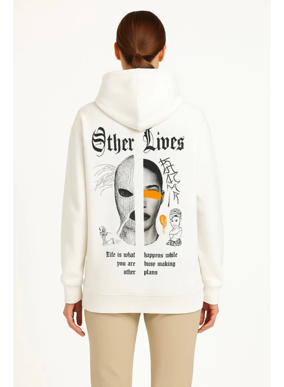 Kapşonlu Sweatshirt – Oversize Üç İplik Şardonlu Hoodie, “Other Lives” Ön - Arka Baskılı, Kanguru Cepli, Kışlık Rahat Günlük Stil - Beyaz