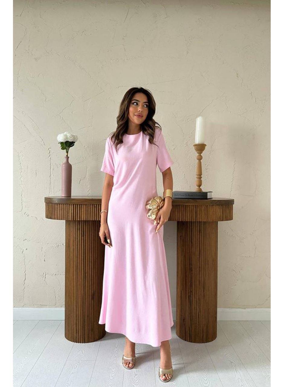 Pudra Pileli Bisiklet Yaka Elbise