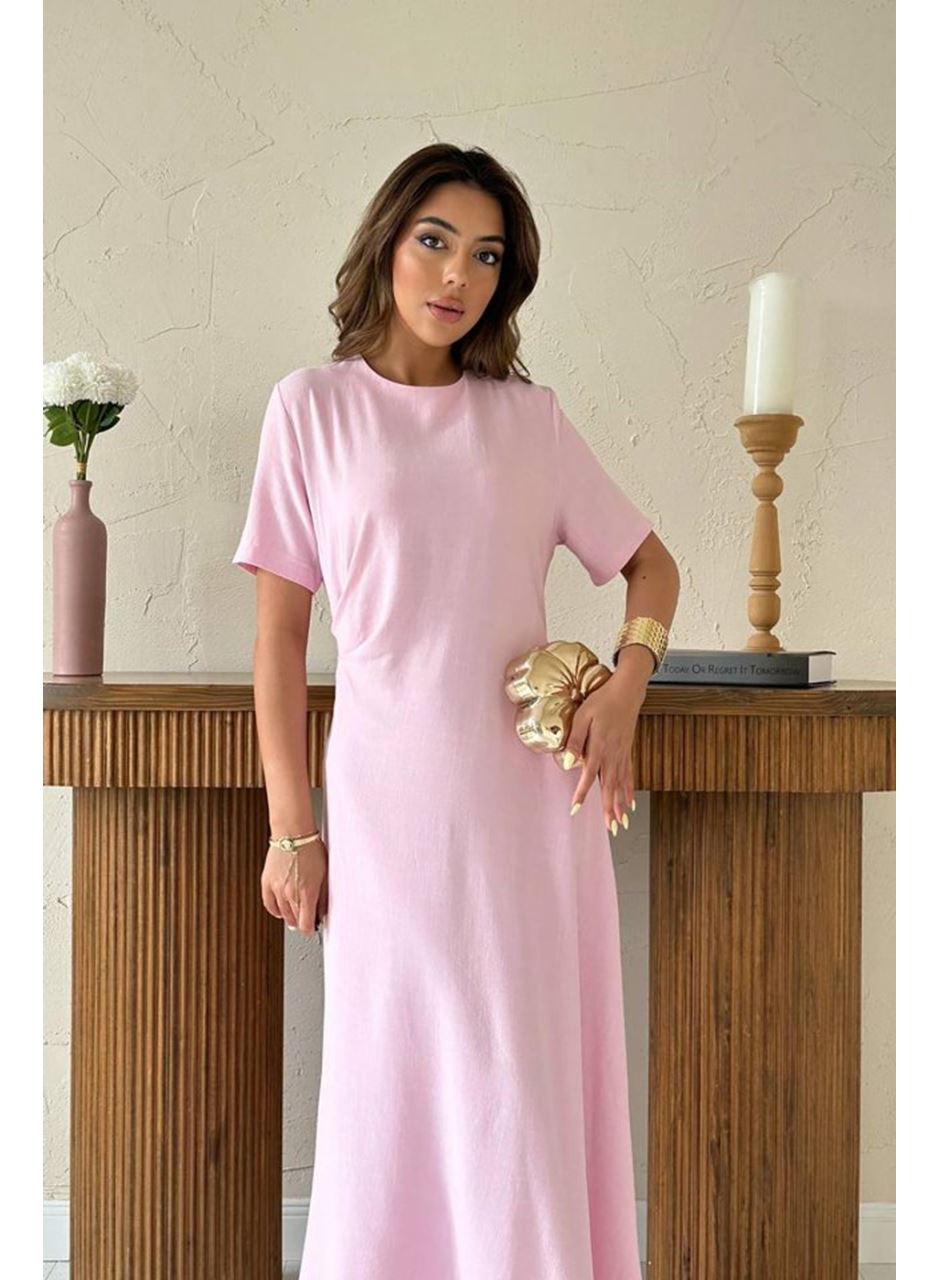 Pudra Pileli Bisiklet Yaka Elbise