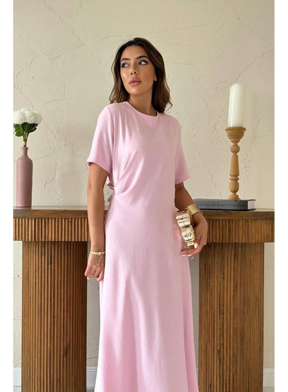 Pudra Pileli Bisiklet Yaka Elbise