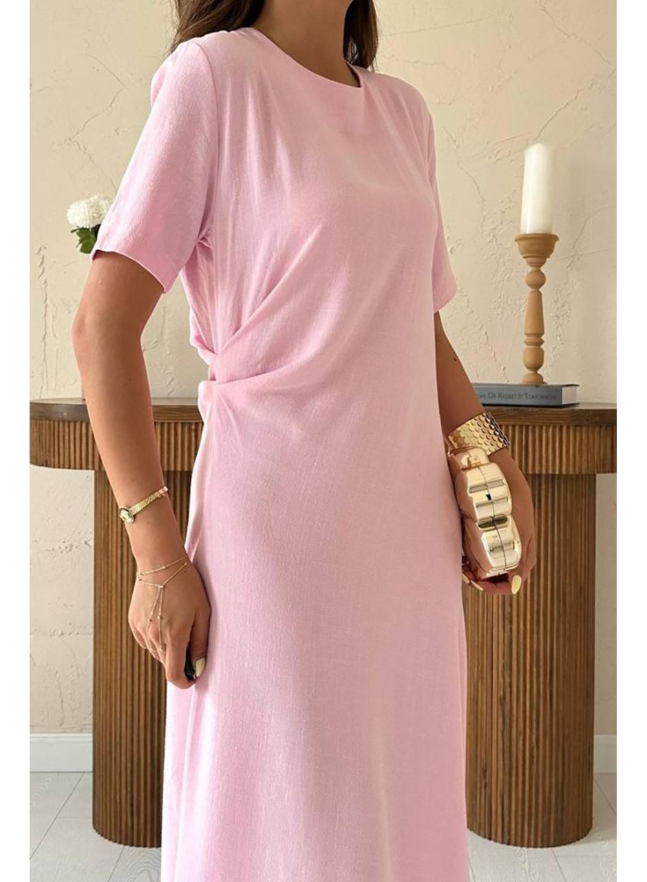 Pudra Pileli Bisiklet Yaka Elbise