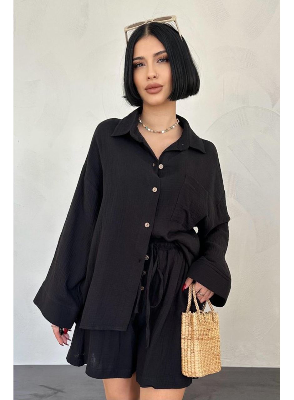 Siyah Gömlek Ve Müslin Şort Takım