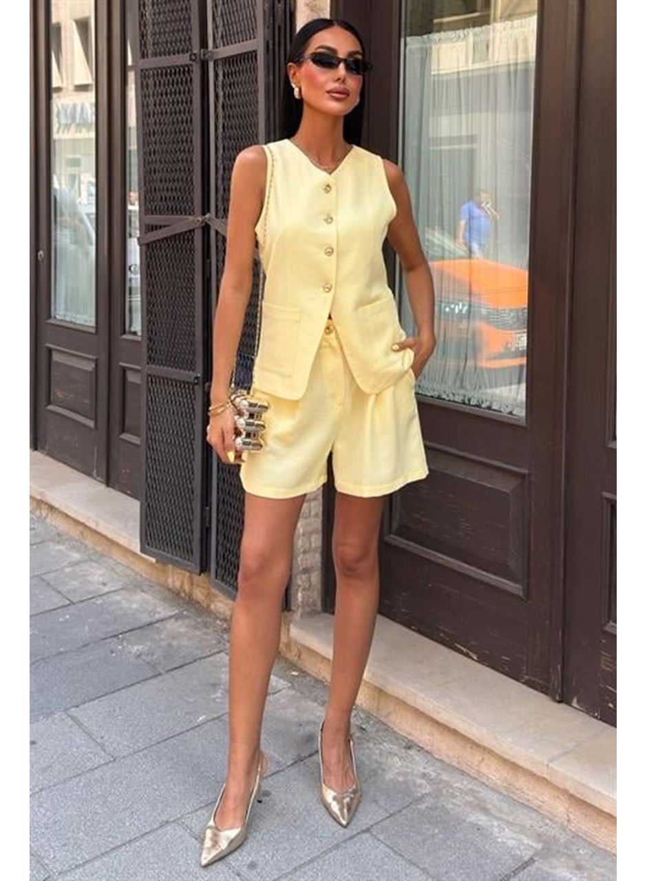 Gold Düğme Detaylı Yelek Şort Cotton Takım 10208