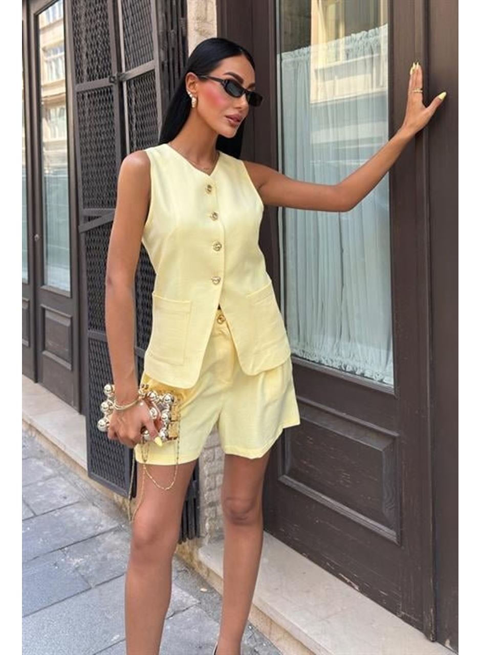 Gold Düğme Detaylı Yelek Şort Cotton Takım 10208