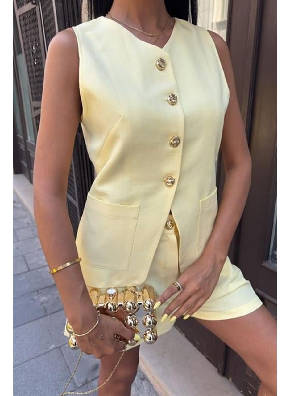 Gold Düğme Detaylı Yelek Şort Cotton Takım 10208