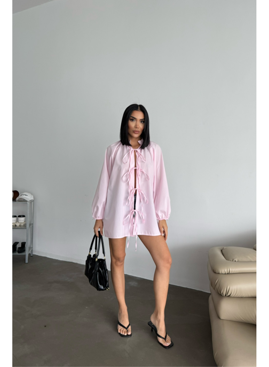 GÖMLEK POPLİN HAKİM YAKA ÖNDEN BAĞLAMA İP DETAYLI - Pembe