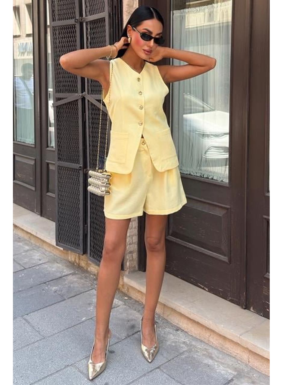 Gold Düğme Detaylı Yelek Şort Cotton Takım 10208