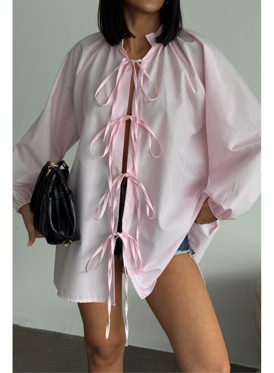 GÖMLEK POPLİN HAKİM YAKA ÖNDEN BAĞLAMA İP DETAYLI - Pembe