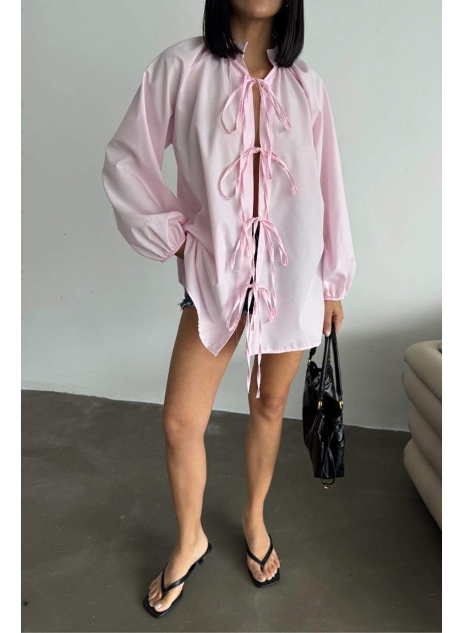 GÖMLEK POPLİN HAKİM YAKA ÖNDEN BAĞLAMA İP DETAYLI - Pembe
