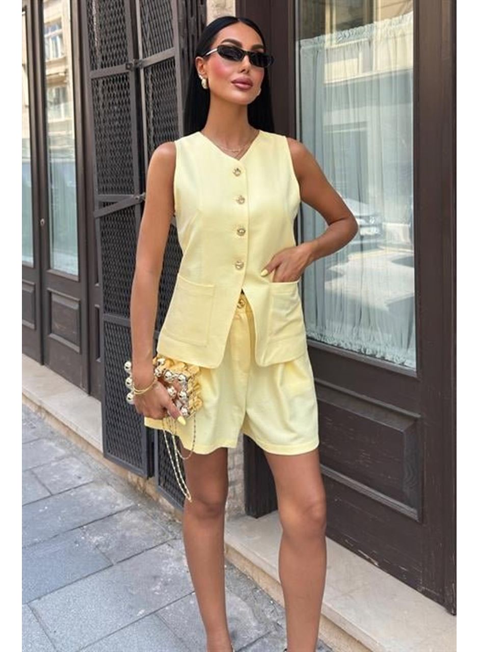 Gold Düğme Detaylı Yelek Şort Cotton Takım 10208