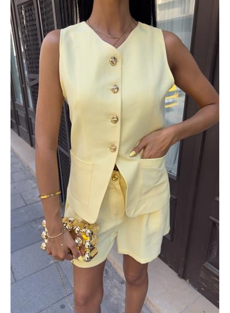 Gold Düğme Detaylı Yelek Şort Cotton Takım 10208
