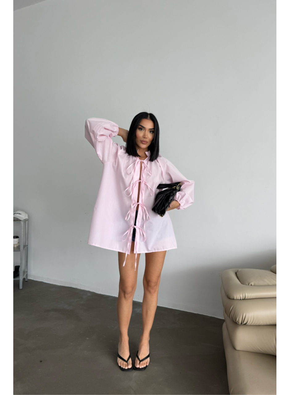 GÖMLEK POPLİN HAKİM YAKA ÖNDEN BAĞLAMA İP DETAYLI - Pembe