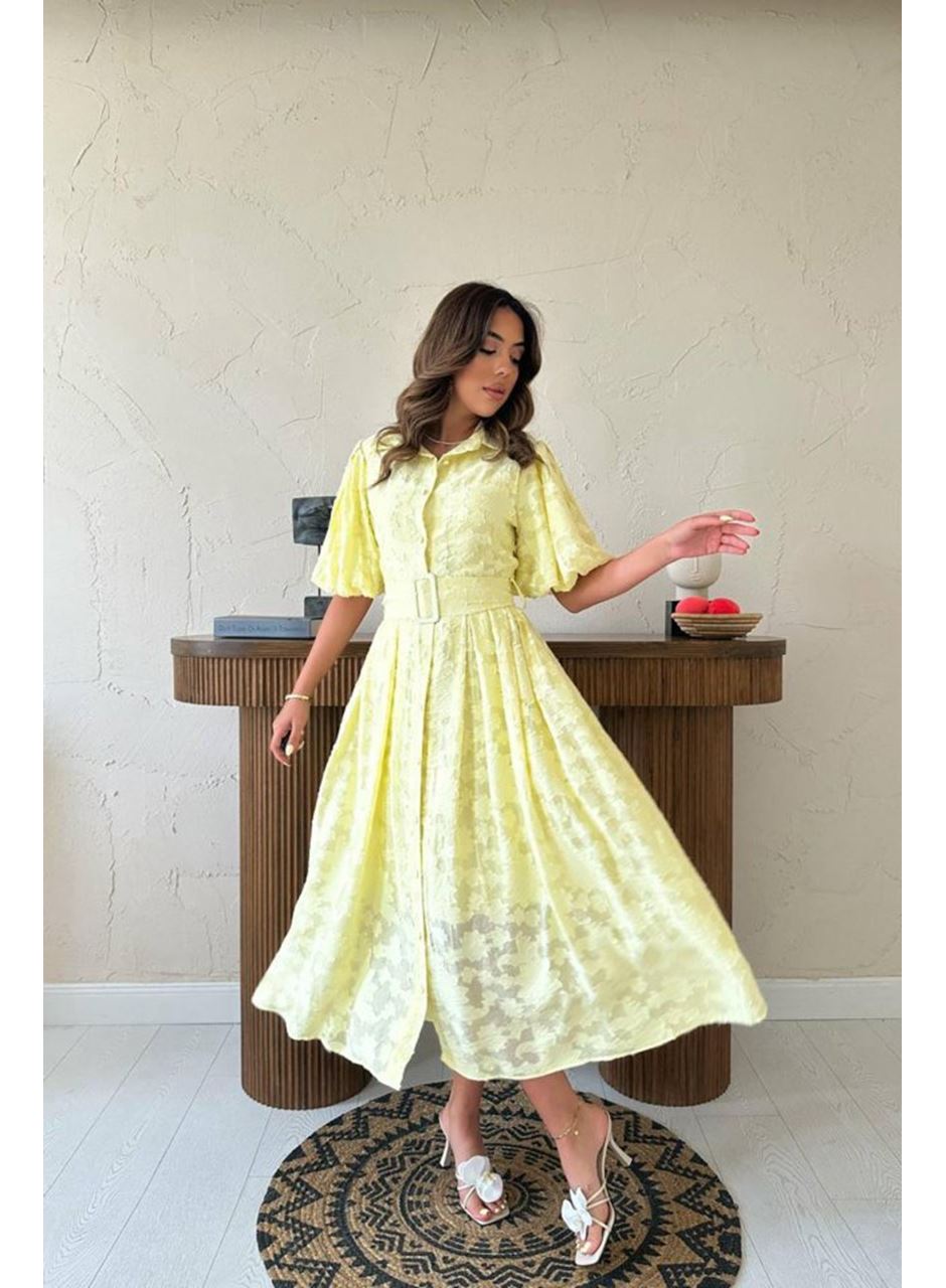 Sarı Kemerli Balon Kollu Elbise