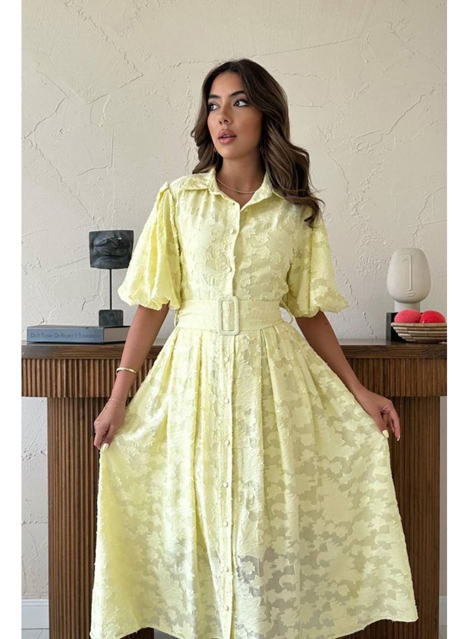 Sarı Kemerli Balon Kollu Elbise