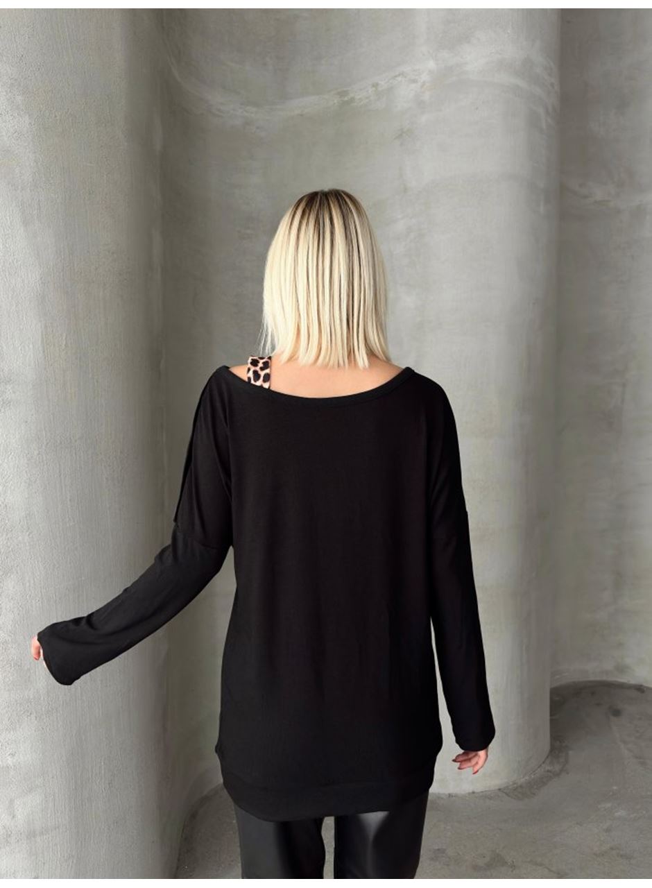 Kadın Kadife Kumaş Leopar Desenli Omuz Detay Uzun Kollu Bluz