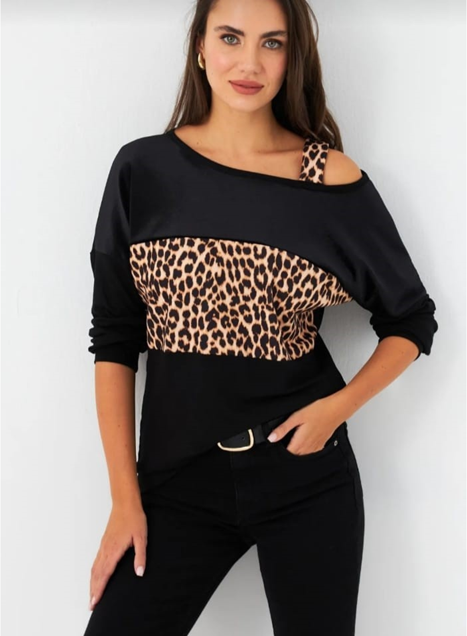 Kadın Kadife Kumaş Leopar Desenli Omuz Detay Uzun Kollu Bluz