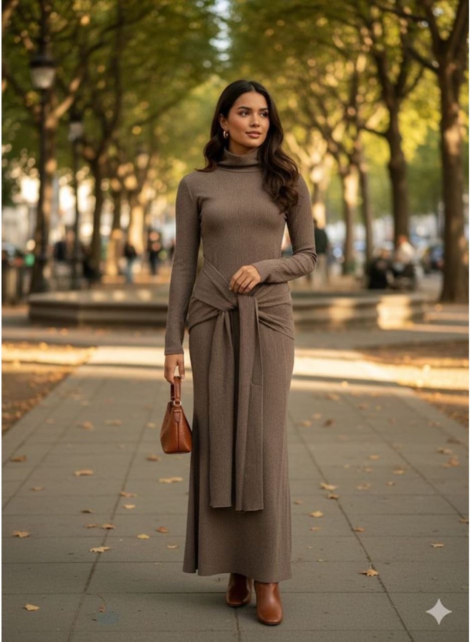 Kadın Uzun Kollubalıkçı Yaka Bürümcük Kumaş Kuşak Dahilkalem Elbise