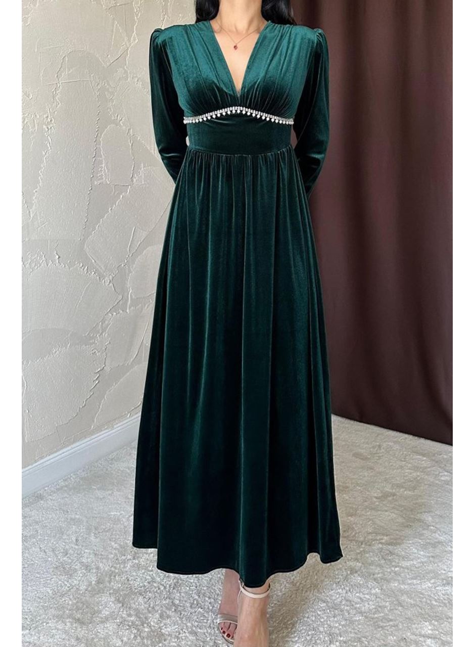 Zümrüt Göğüs Altı Taşlı Elbise