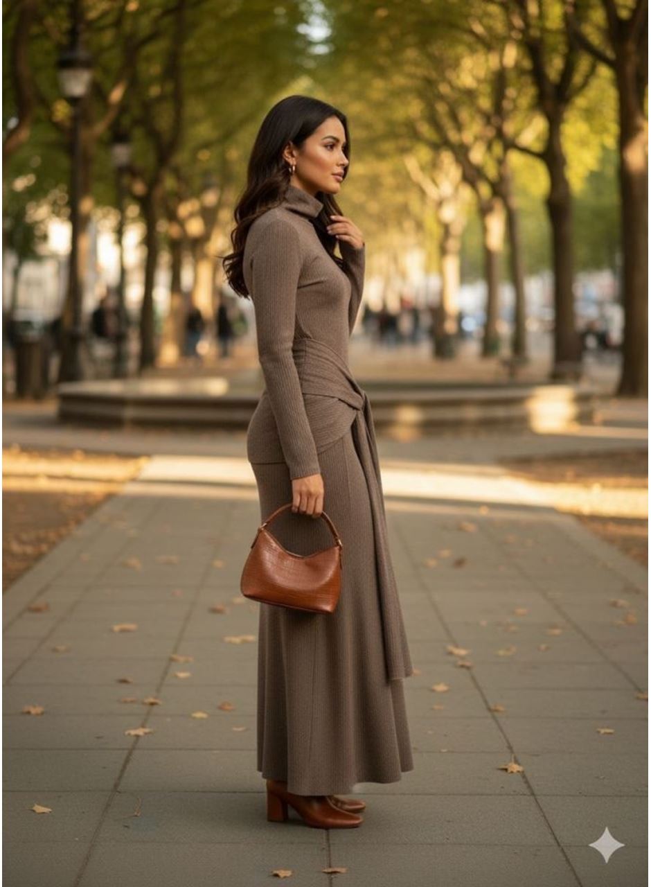 Kadın Uzun Kollubalıkçı Yaka Bürümcük Kumaş Kuşak Dahilkalem Elbise