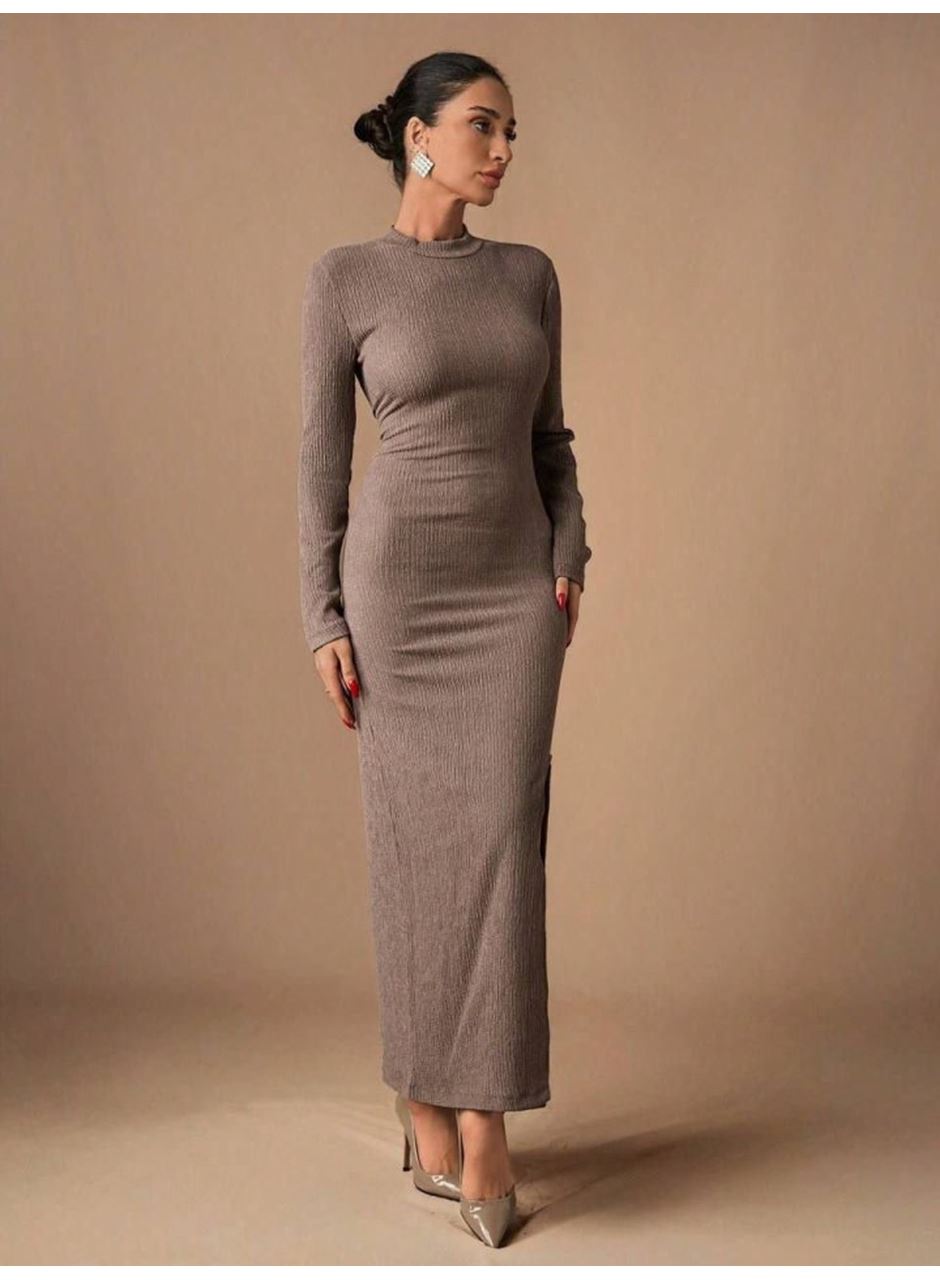 Kadın Uzun Kollu Yarım Balıkçı Yaka Bürümcük Kumaş Yırtmaç Detay Kalem Elbise