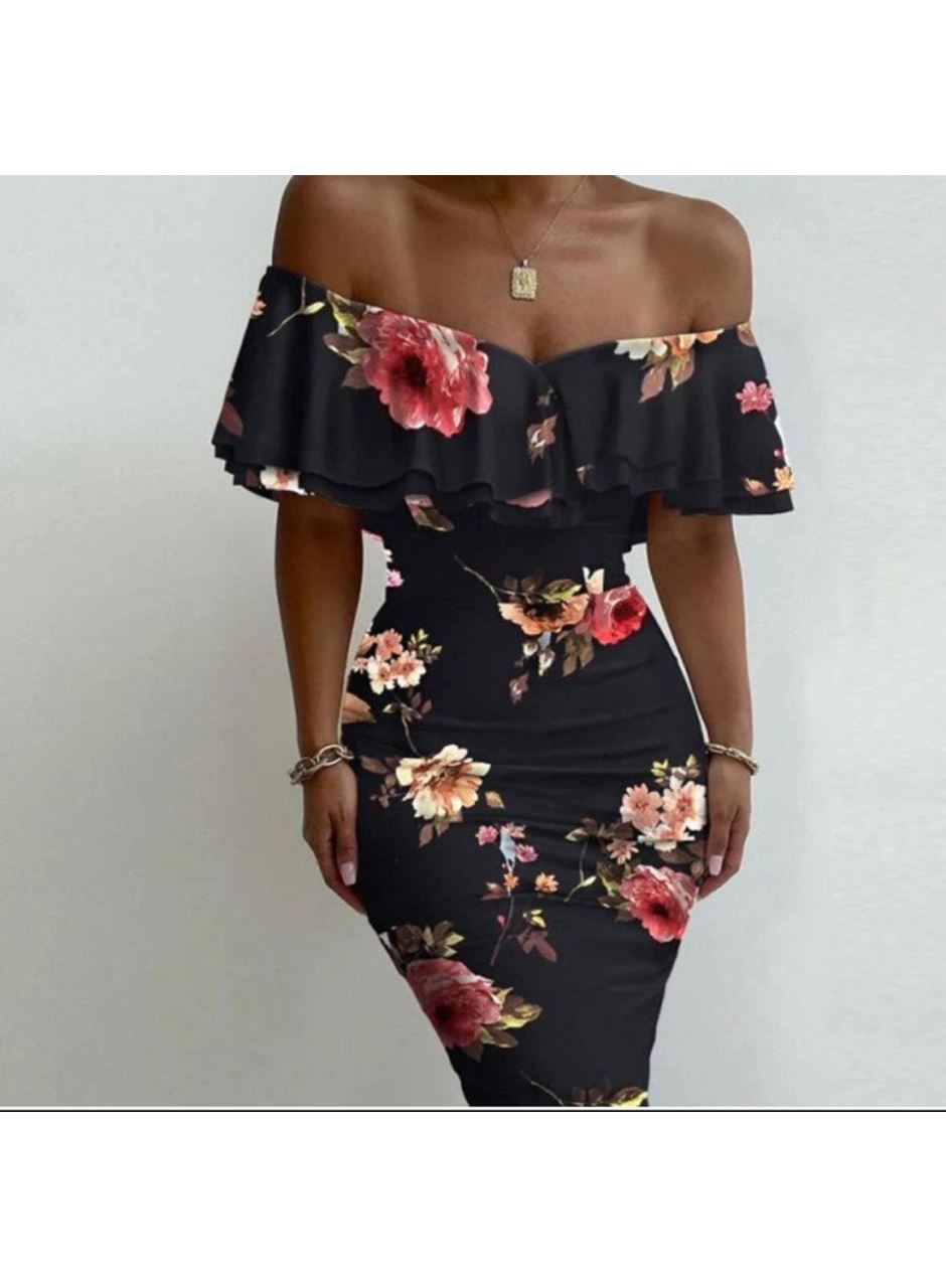 Kadın Madonna Yaka çiçek Baskılı Volan Detay Kalem Elbise