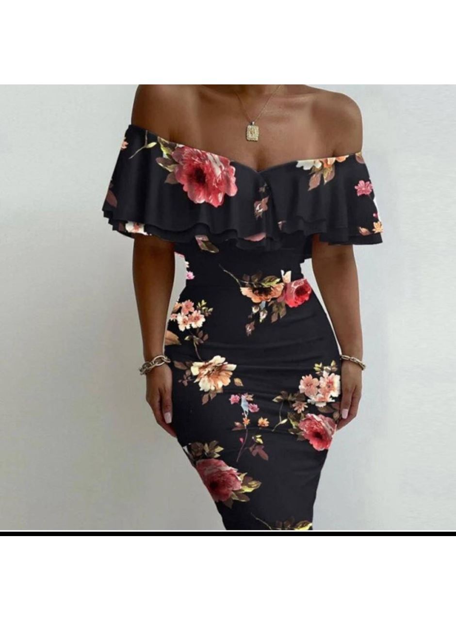 Kadın Madonna Yaka çiçek Baskılı Volan Detay Kalem Elbise