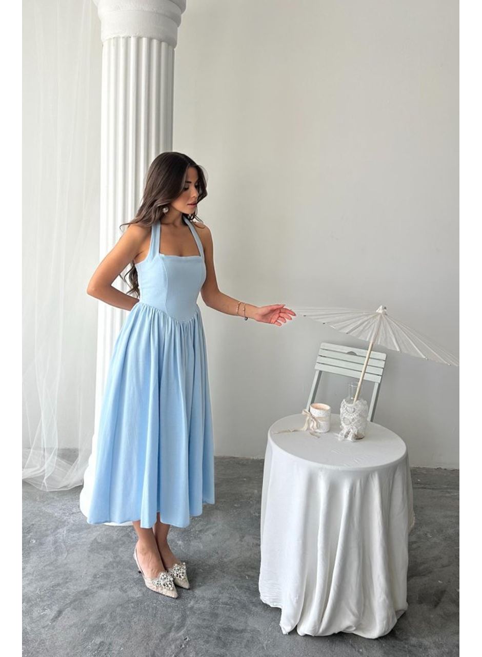 Mavi Boyundan Bağlamalı Keten Elbise