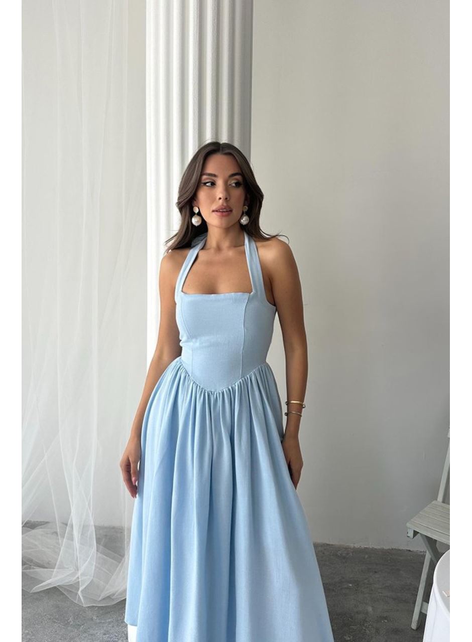 Mavi Boyundan Bağlamalı Keten Elbise