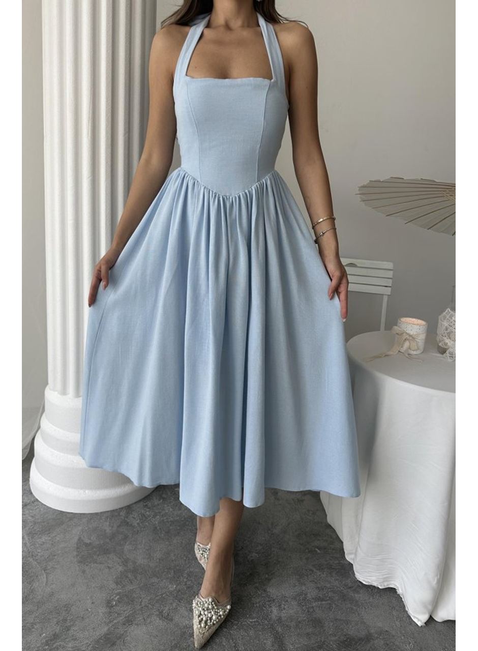 Mavi Boyundan Bağlamalı Keten Elbise