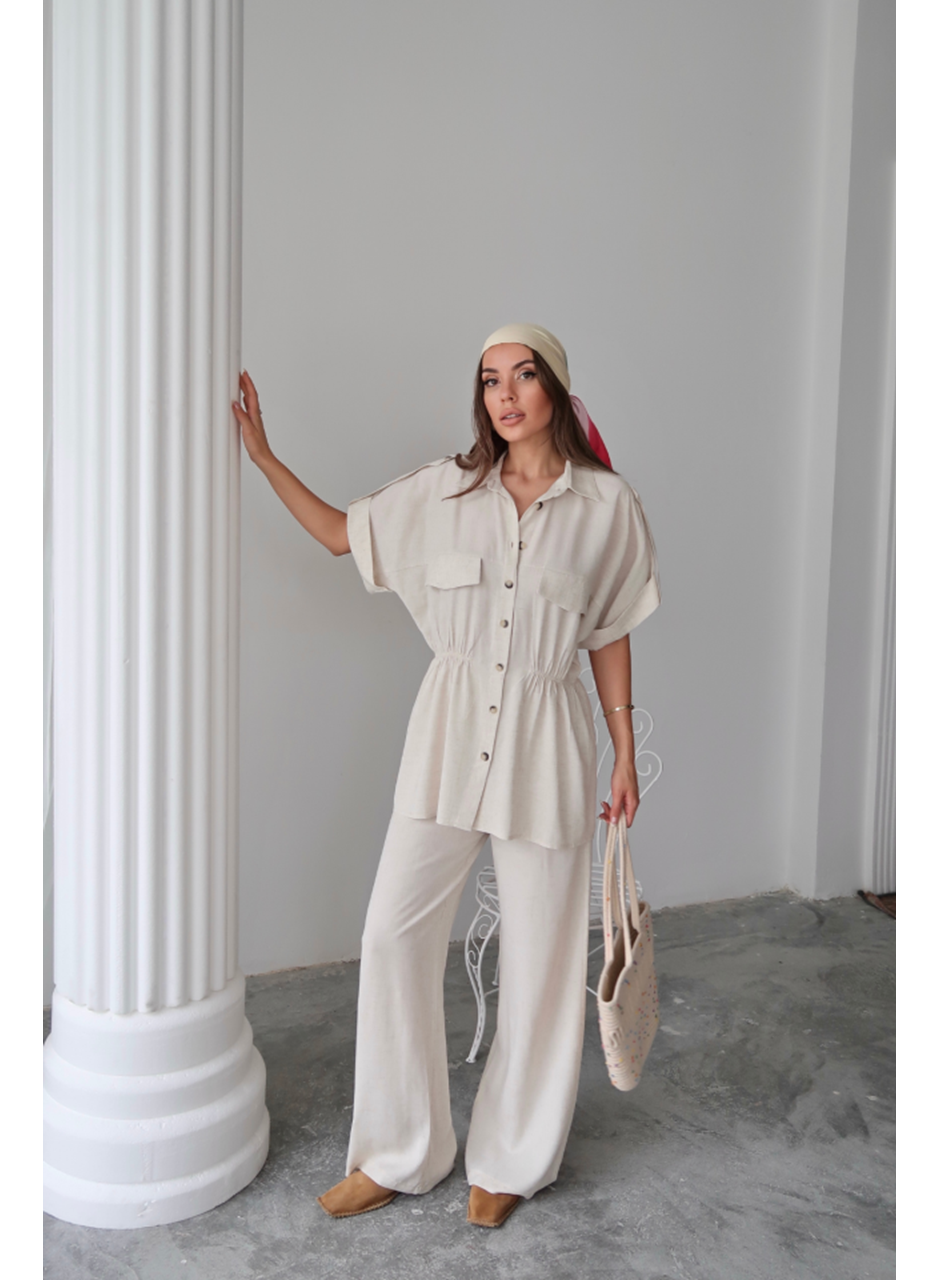 KETEN BELDEN BÜZGÜ DETAYLI GÖMLEK - PANTOLON TAKIM - Taş