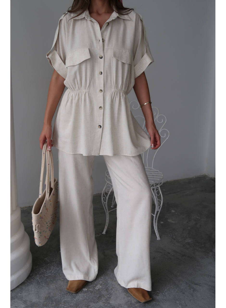 KETEN BELDEN BÜZGÜ DETAYLI GÖMLEK - PANTOLON TAKIM - Taş