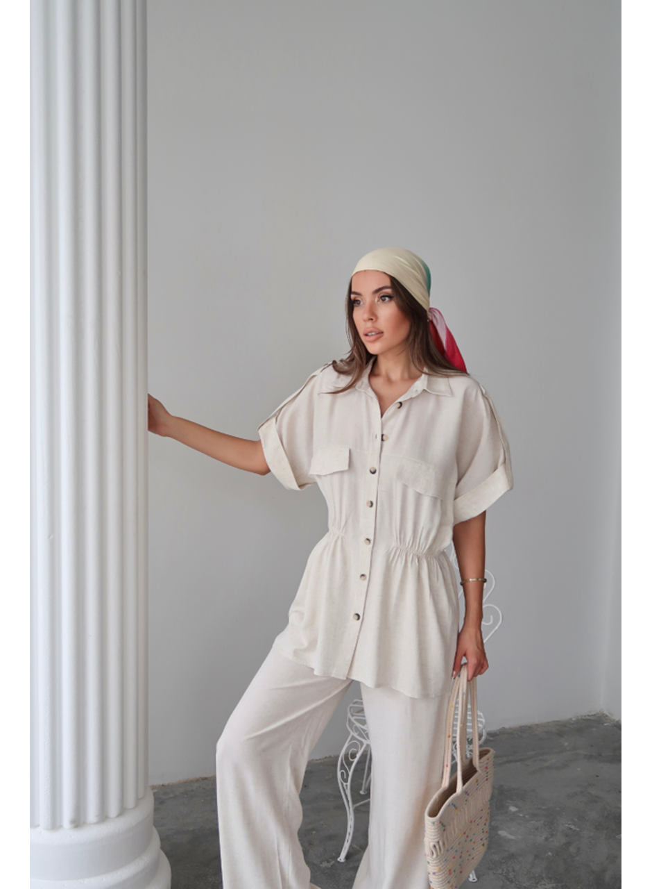 KETEN BELDEN BÜZGÜ DETAYLI GÖMLEK - PANTOLON TAKIM - Taş